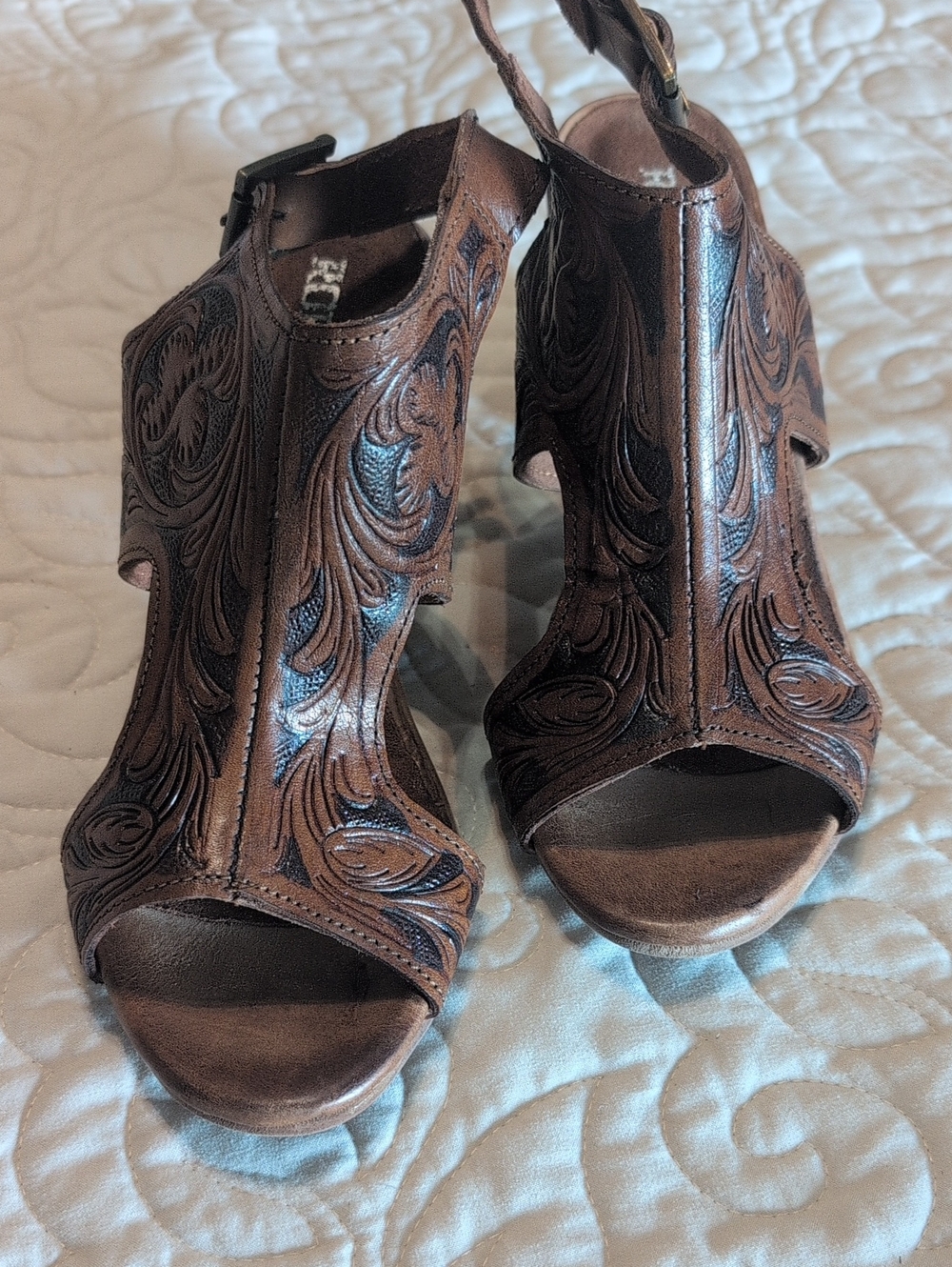 Roper Brown Embroidered Open-Toe Heels